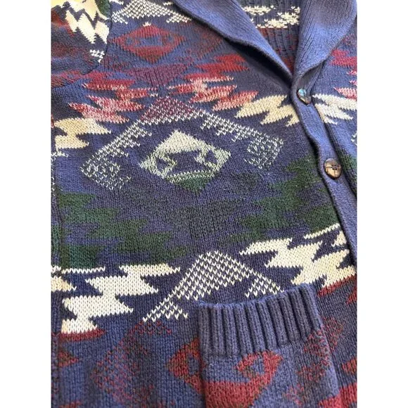 Adam Levine Mens' Medium Shawl Collar Cardigan Blue Multicolor Aztec Print - Picture 6 of 7